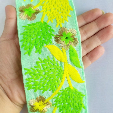 Cyan Blue / Green / Pink / Black /Blue / Beige And Gold Floral Embroidery Trim, Indian Embroidered Trim, Approx. 75mm wide